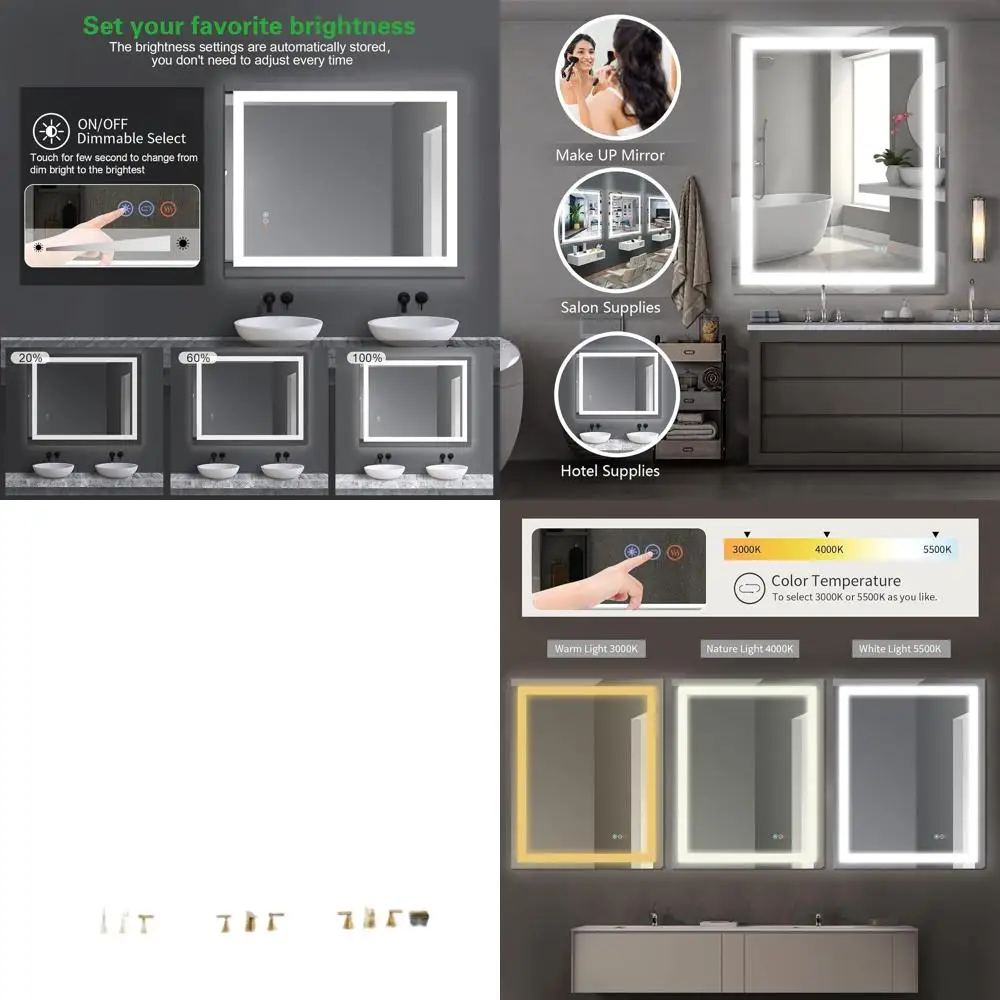 

Зеркало для макияжа 36x28 дюймов с 28 светодиодами, 3-цветной подсветкой, сенсорным диммером, настенное крепление