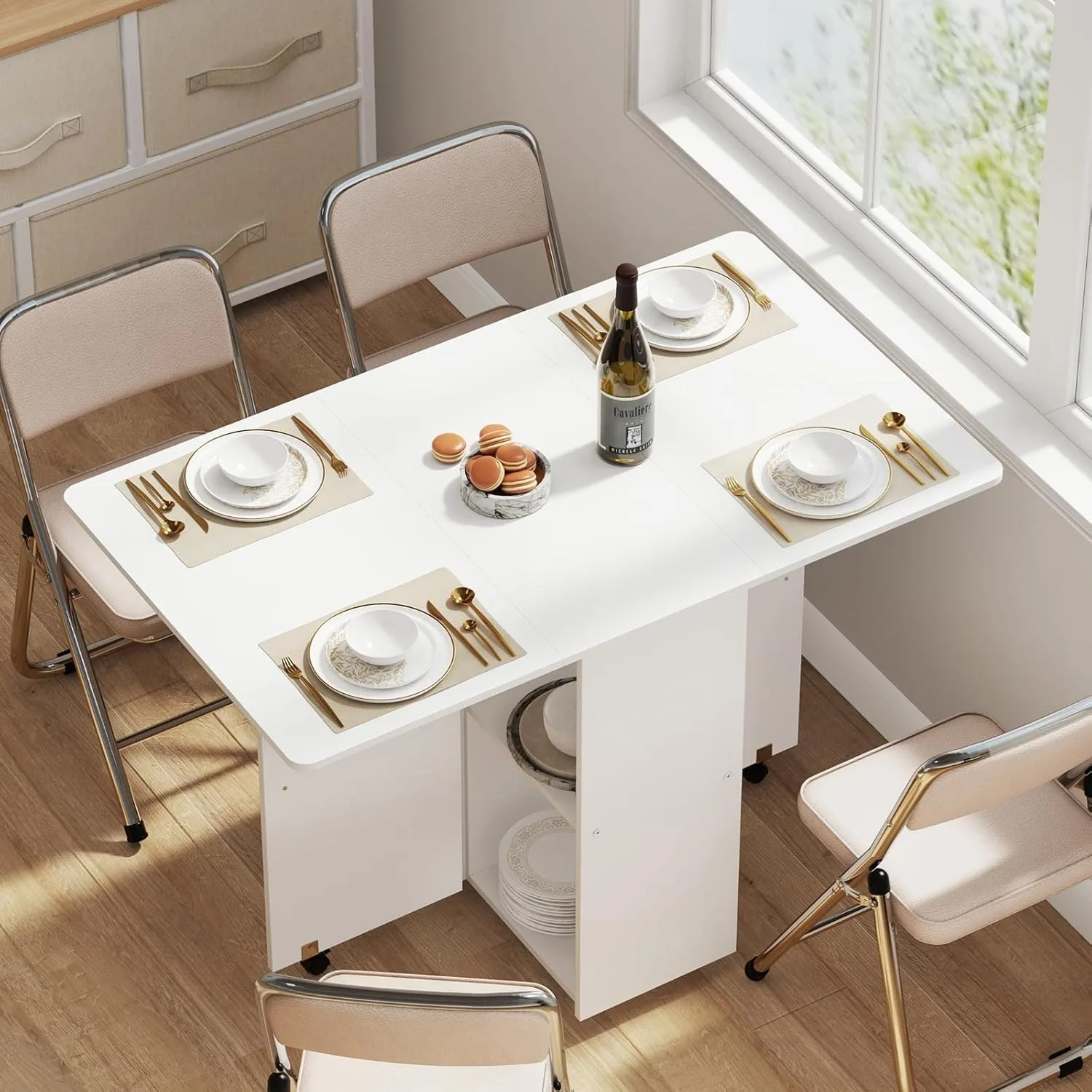 Wooden Multifunctional Retractable and Movable Folding Table for Kitchen/Living Room/Small Space with Wheels/Shelves