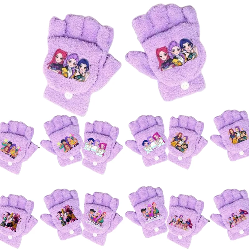 

KPop Demon Hunters Kid Gloves Anime Winter Thickened Plush Warm Gloves for Boy Girl Velvet Mittens Outdoor Cycling Skiing Gloves