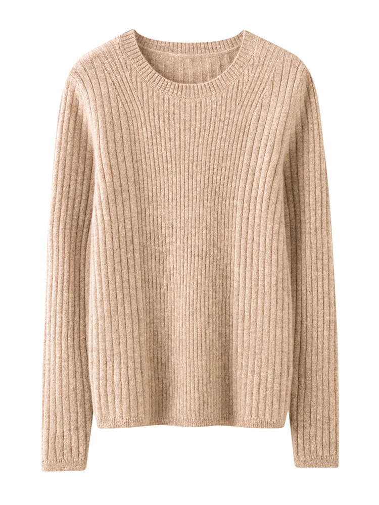 

Solid 100% Cashmere Knitted Chic Stripe O-Neck 12GG Women's Pullovers 2025 New Arrivals Long Sleeve Basic Sweater Soft Warm Tops