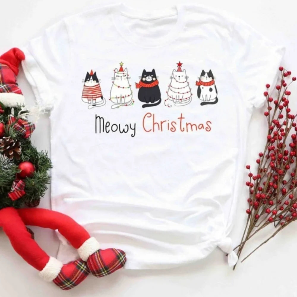 

2026 Meowy Christmas Shirt Christmas Cat Shirt Merry Christmas Cat Lover Tops Cute Printing Tops Novelty Trending Clothes