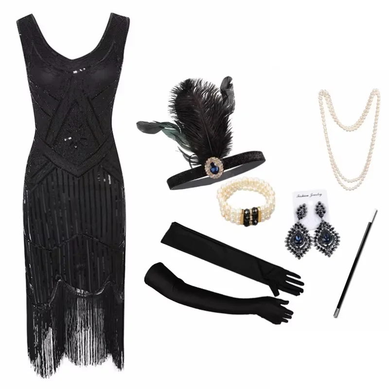 Plus Size 4XL Women's Flapper Sexy Dresses 1920s Sequin Beaded Fringed Great Gatsby Vintage Dress with Accessories Set New