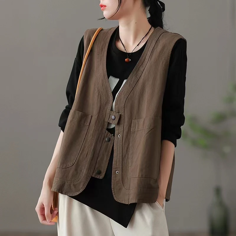 

Retro ort Workwear Vest Women's Jaet Outerwear Slimming V-ne Biker Vest Versatile Autumn New Sle Commute ket Detail