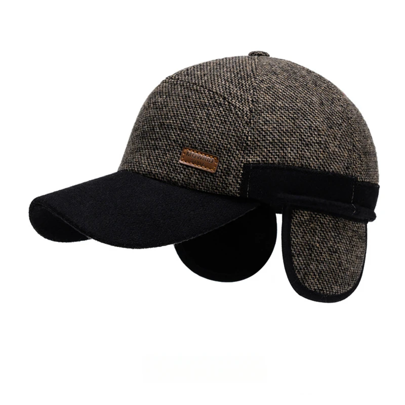 Men's Baseball Cap Vintage Style Two-Tone Wool Blend Duckbill Hat with Foldable Ear Protection for Fall and Winter Fits 56-61cm