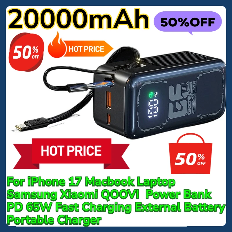 

For iPhone 17 Macbook Laptop Samsung Xiaomi QOOVI 20000mah Power Bank PD 65W Fast Charging External Battery Portable Charger