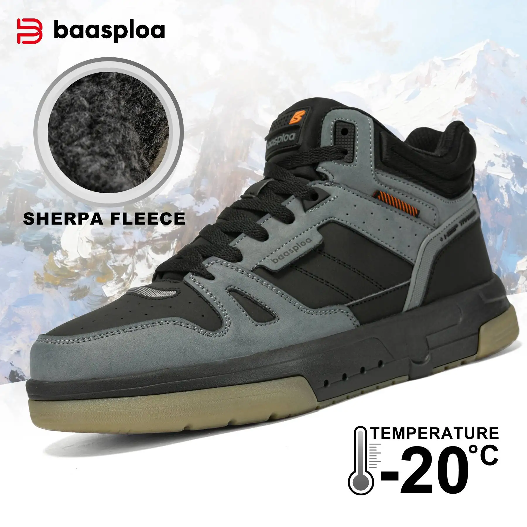 Baasploa Men Cotton Sneakers Outdoor Waterproof Non-slip Wear-resistant Sneaker Male Casual Lace-Up Plush Warm Walking Shoes
