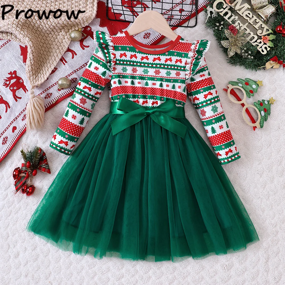 Prowow Kids Christmas Dress For Girls 2025 Red Patchwork Gingerbread Man Party Dresses Princess New Year Children\'s Costume