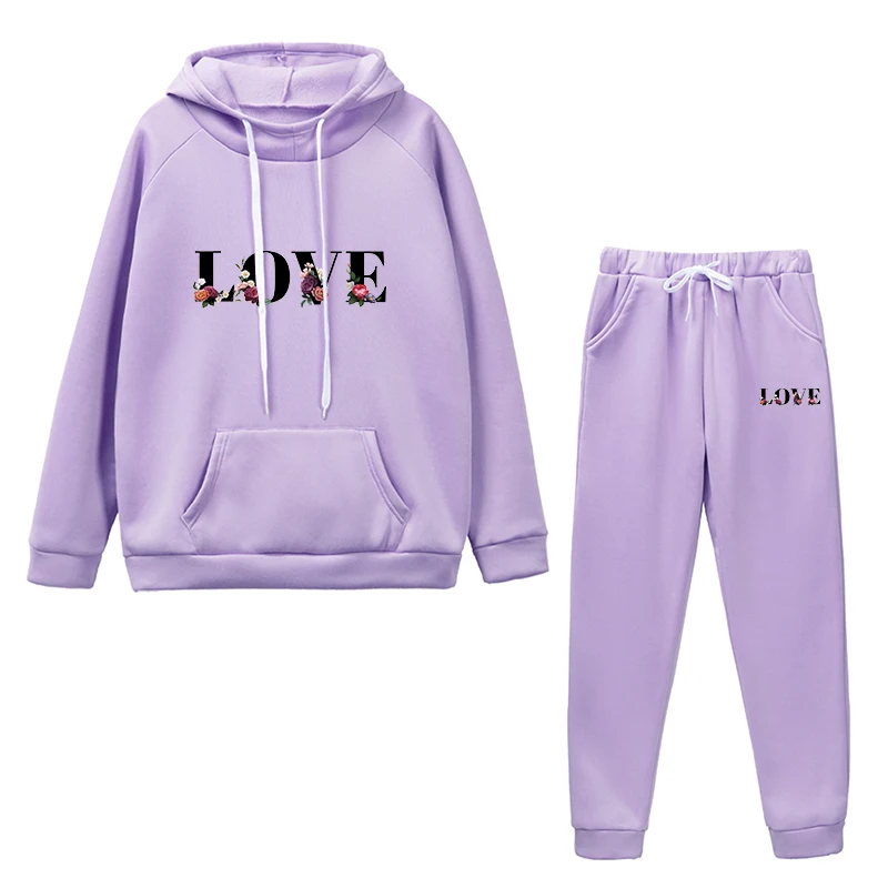 Women's Casual Fashion Tracksuit Home Outdoor Comfortable Warm Soft Outfits Love Letter Flower Printed Hoodies and Sweatpants