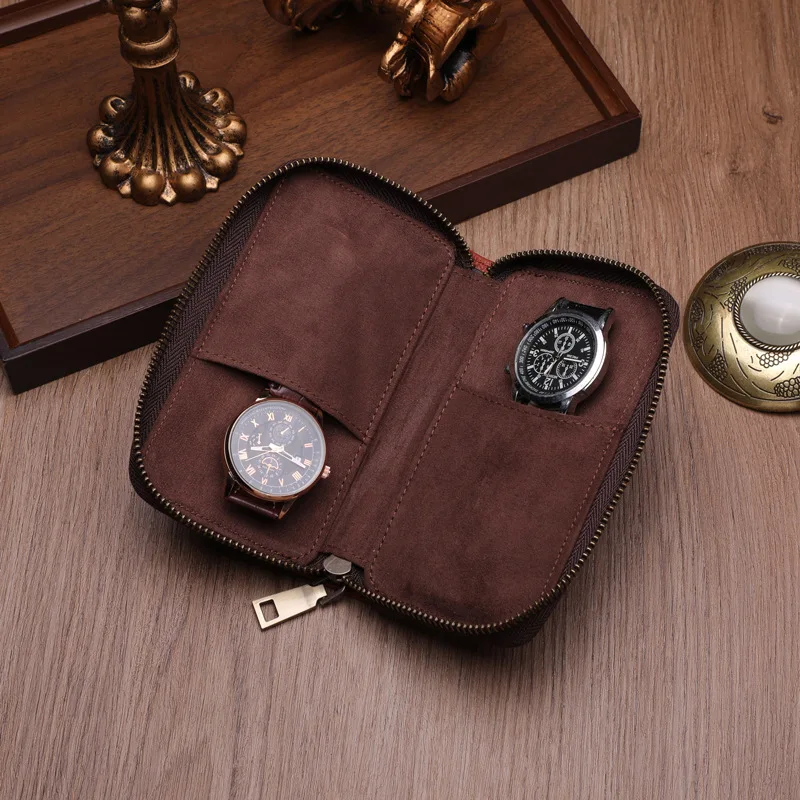 Watch Box 2-slots Portable Zipper Travel Couple Watch Storage Box Red Brown Leather Watch Bag watches organizer