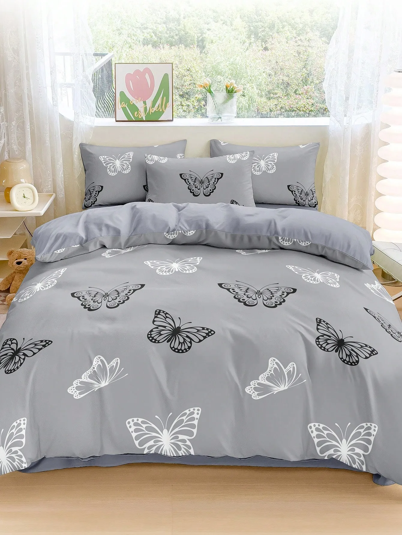 Duvet Cover Set Pink Bow Print Soft and Comfortable Sweet Girl Style Bedroom Decor Suitable for Single/Double/Queen Size Bed