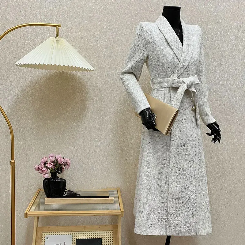 

Autumn Winter Long Style Heavy-Light Sequin Woolen Coat Women Chunky Knit Belted Waist Slimming Beige Temperament Coats Female