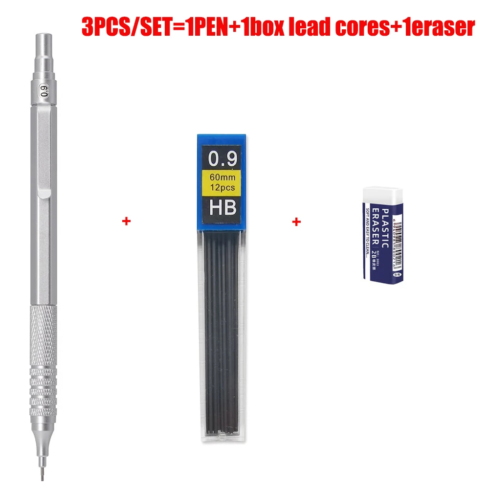 3 stks/set Metalen Vulpotlood Set 0.5/0.7/0.9mm Lood Refill Automatische Potlood Art Schets Schilderen Schrijven briefpapier