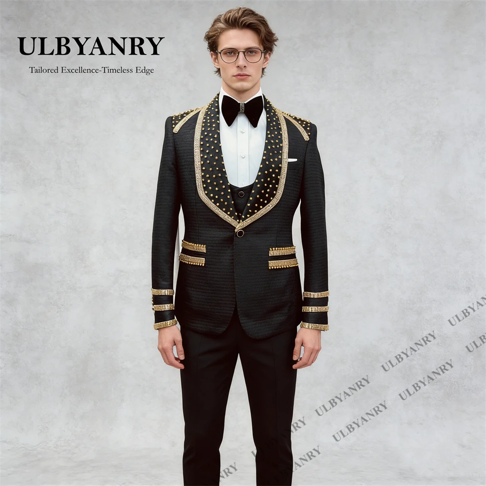 ULBYANRY Men's Luxury 3 Piece Suit (Jacket Vest Pants) Rhinestones Formal Evening Suit Tuxedo Wedding Guest Suit Attire