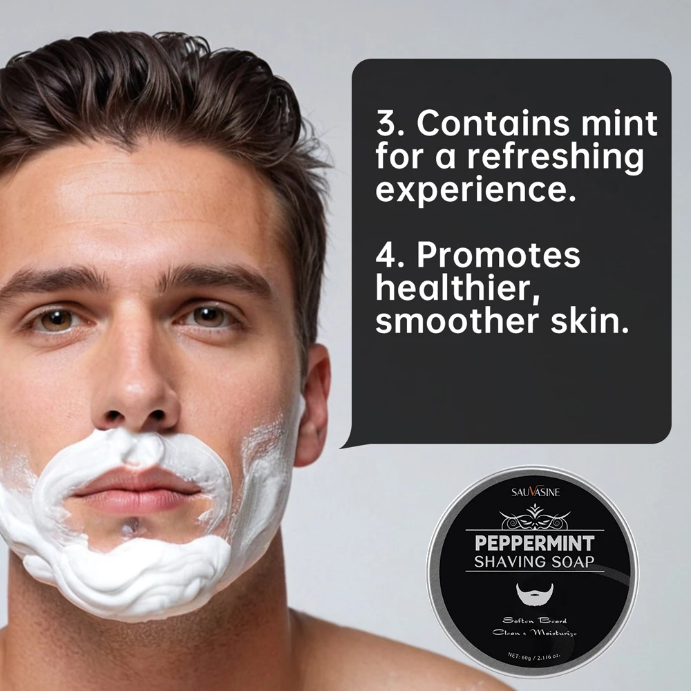 Sabonete de barbear com aroma de hortelã, espuma rica, creme de barbear com hortelã-pimenta, sem irritação, creme de barba suave e confortável para homens