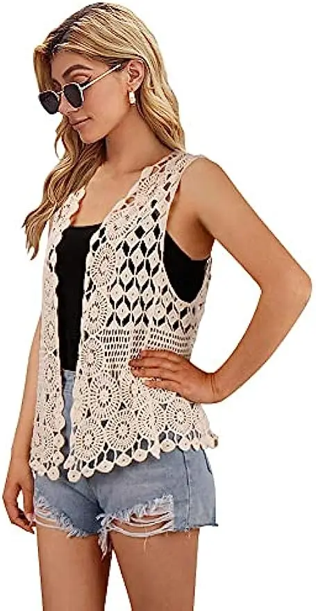 Womens Floral Crochet Lace Boho Trim Sleeveless Open Front Vest Cardigan White Beige