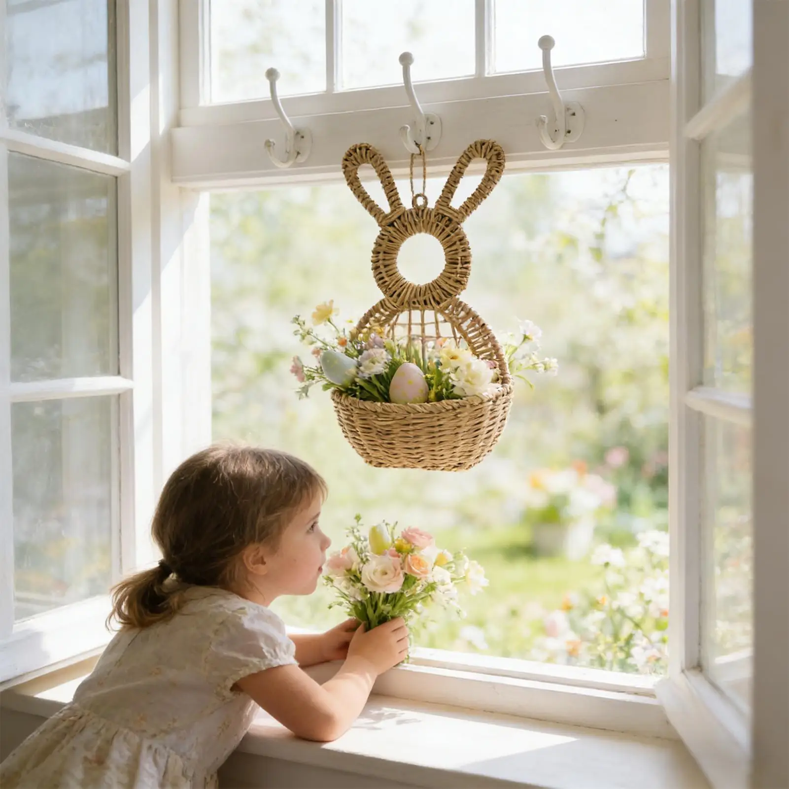Bunny Door Basket Spring Front Door Decor Rattan Woven Rabbit Wall Pocket Bunny Hand Woven Basket for Home Farmhouse Outdoor