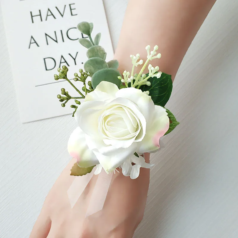 White Boutonniere Wedding Accessories Wrist Corsage Anniversary Silk Roses Artificial Brooch Flowers Buttonhole Guests Marriage