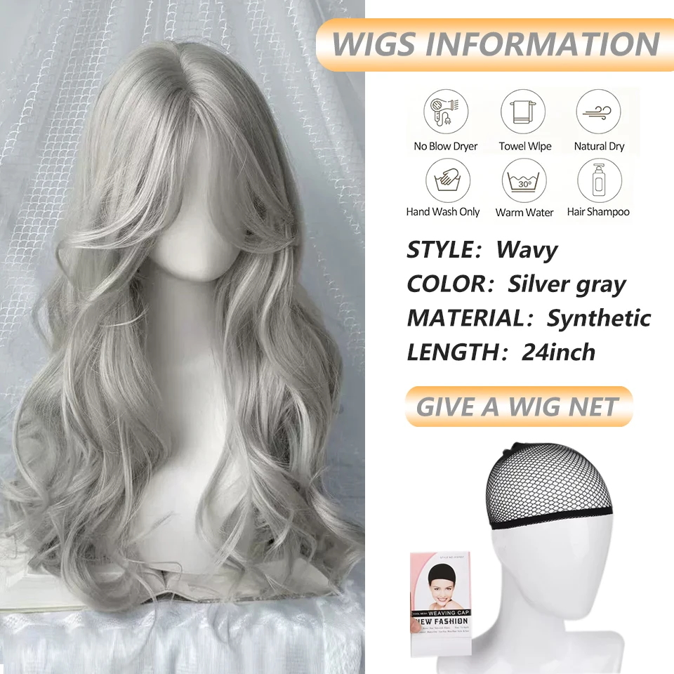 Long Wavy Silver Gray Wigs with Bangs Synthetic Lolita Cosplay Natural Wave Wigs for Women Daily Halloween Costumes Wigs