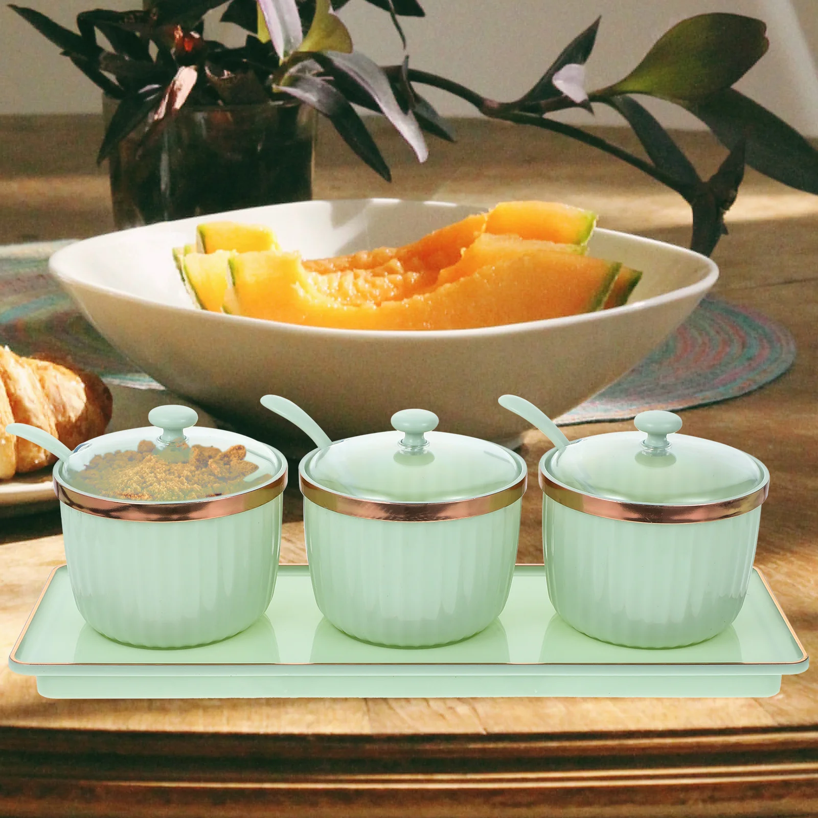 

Sealing Seasoning Jar Combination Lidded Condiment Containers Light Green PP Rectangular High Temp Resistant Moisture Proof