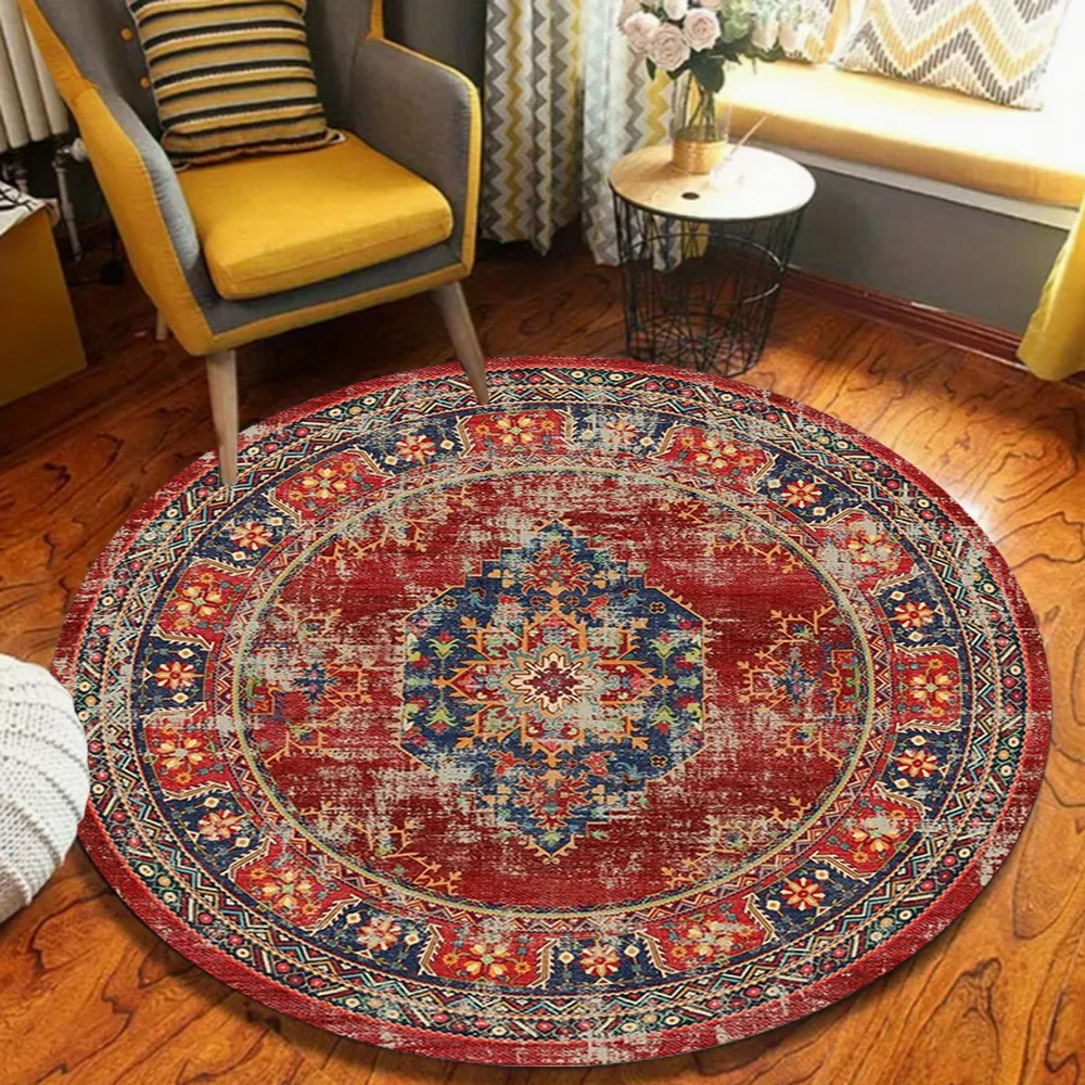 Distressed Ethnic Floral Ornate Round Area Rug Rustic Vintage Worn Texture Floor Carpet for Cozy Home Living Spaces