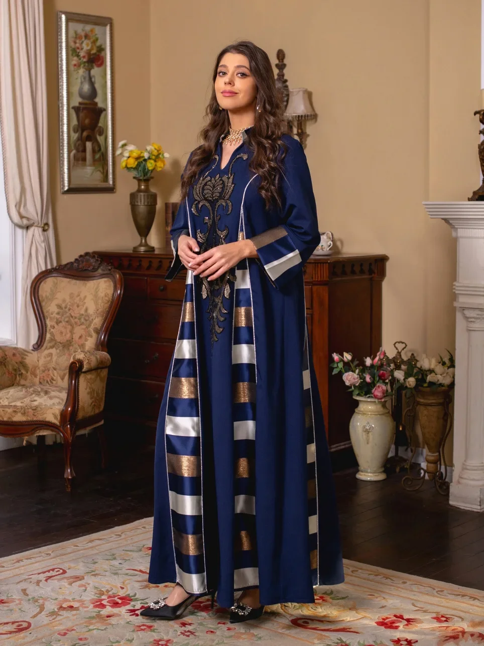 Marrocan Caftan Dress Dubai Clothing Luxury Saudi Arabia Turkish Navy Blue Burgundy Dress Women Elegant Party Embroidered Abaya