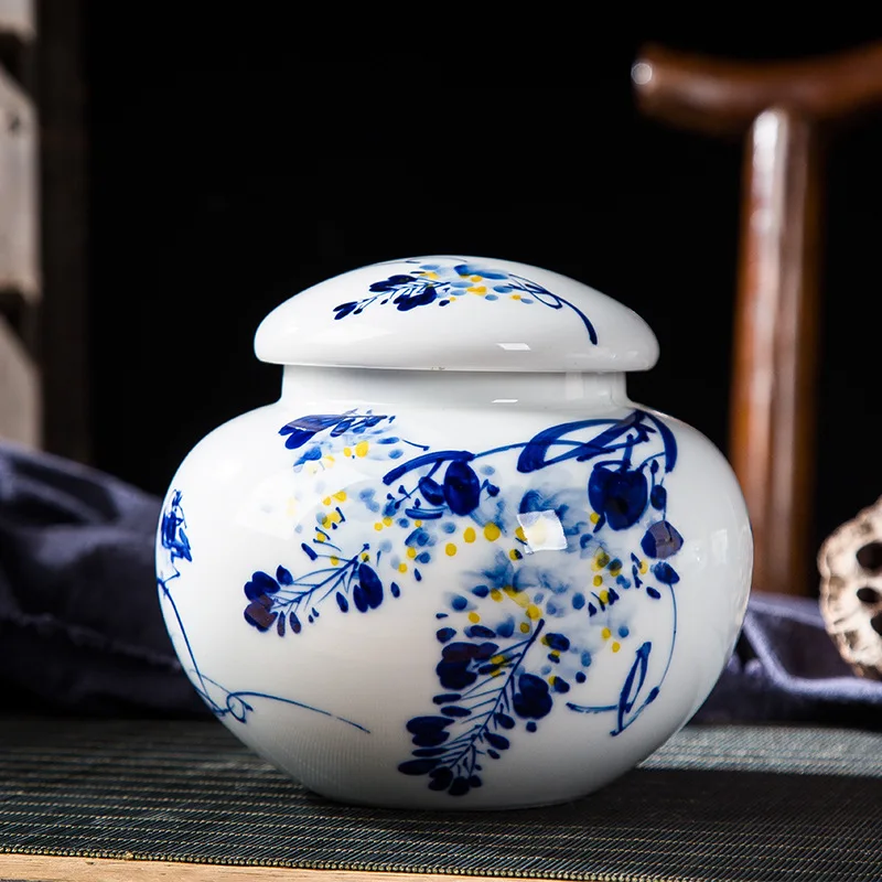 Jingdezhen Folk Artist Hand-Painted Blue and White Porcelain Tea Pot Ceramic Household Large Moisture-Proof Sealed Storage Jar