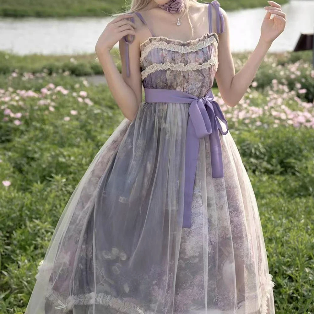 

Blue lo original oil painting print suspender jsk bow birthday dress for women clothing Regular Fit evening dresses