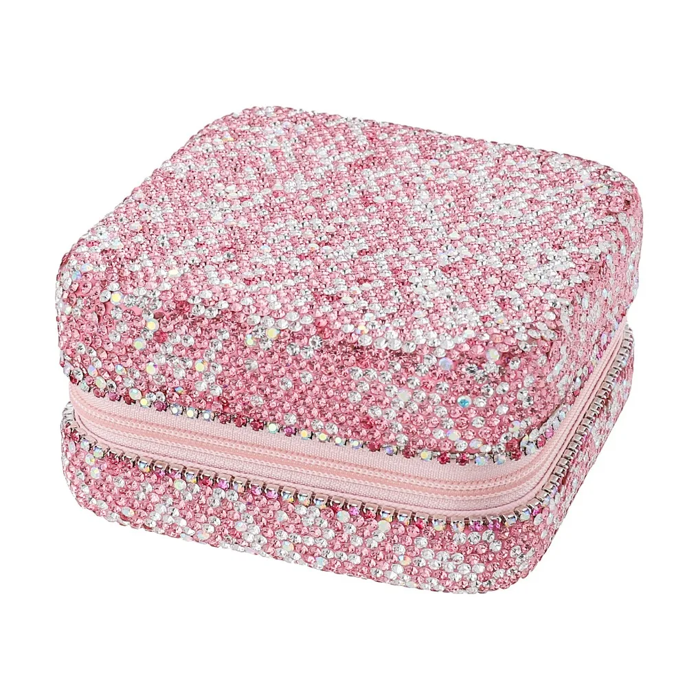 

Luxury Bling Rhinestone Jewelry Box Square Double Layer Travel Earrings Storage Case Partition Shiny Portable Ring Holder