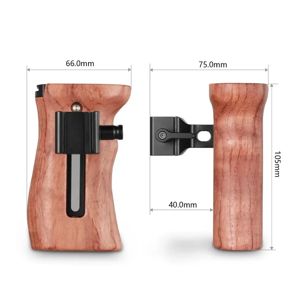 2187B Quick Release NATO Side Handle with Wooden Grip 1/4 3/8 Thread Holes Cold Shoe Mount for DSLR Cage