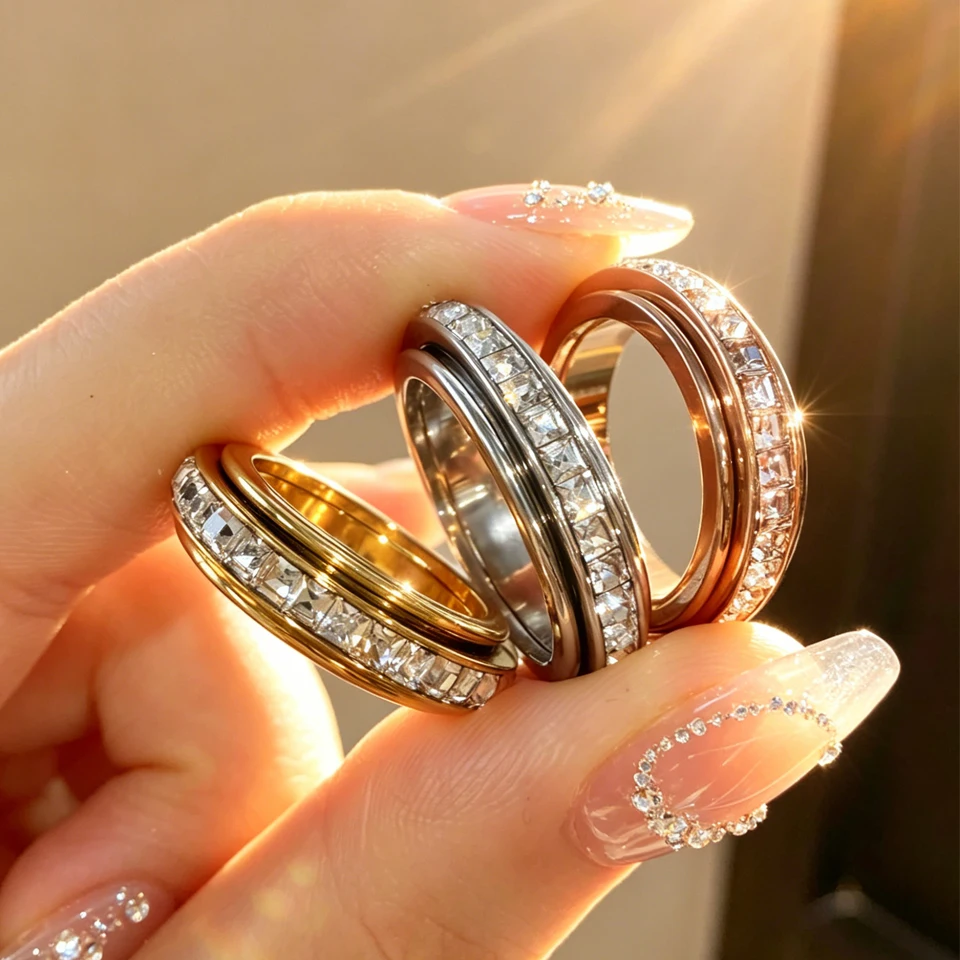 Yupsk 3 Colors Stainless Steel Square Zirconia Spinner Rings Anxiety Relief Fidget Rings For Women Men Jewelry Gift