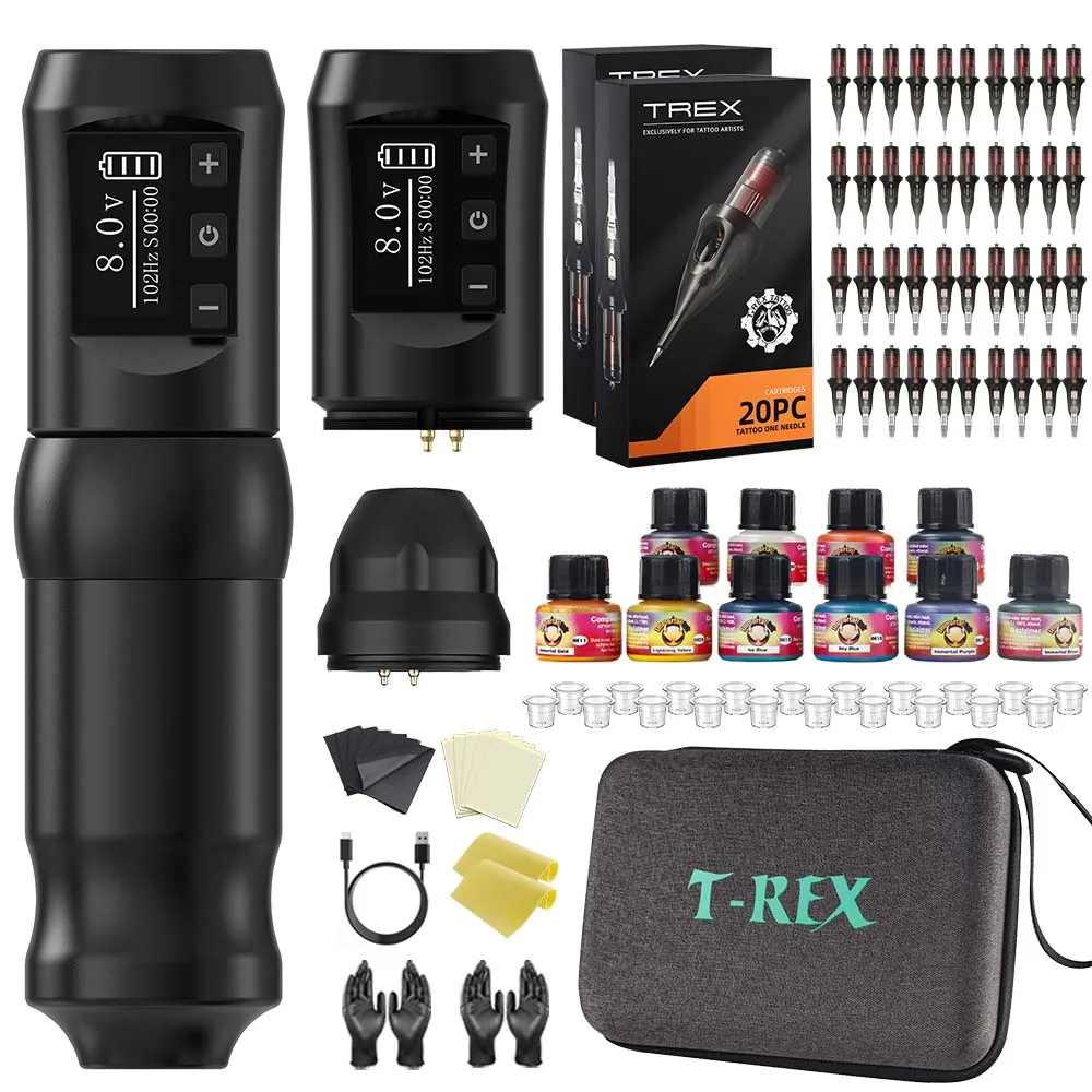 Tattoo Gun Kit - T-Rex Complete Cordless Tattoo Machine Kit 40-Piece Cartridge Needle Tattoo Ink Practice Skin for Tattoo Artist