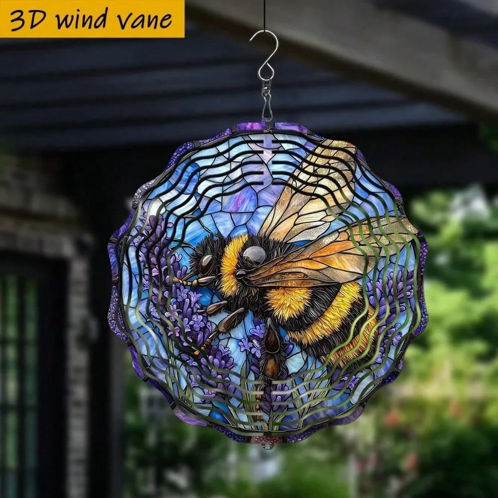 CIFbuy Stained Glass Bee Metal Wind Spinner, Colorful Design Waterproof Anti Fade Hanging Ornament Patio Garden Home Decor
