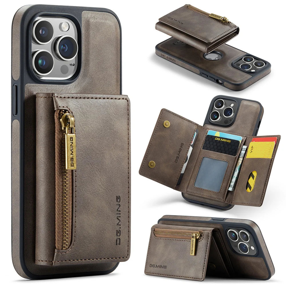 DG.MING M5 Detachable Card Bag Magnetic Wallet Case for iPhone 15 Pro Max 11 12 13 Pro 14 Plus Premium PU Leather Case Cover