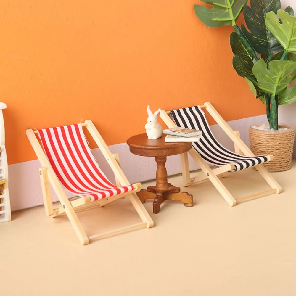 Mini Silla de Playa Plegable de Madera para Casa de Muñecas 1/6, Multicolor, 11.5*12*10.6cm, Modelo de Silla de Playa para Vacaciones de Verano