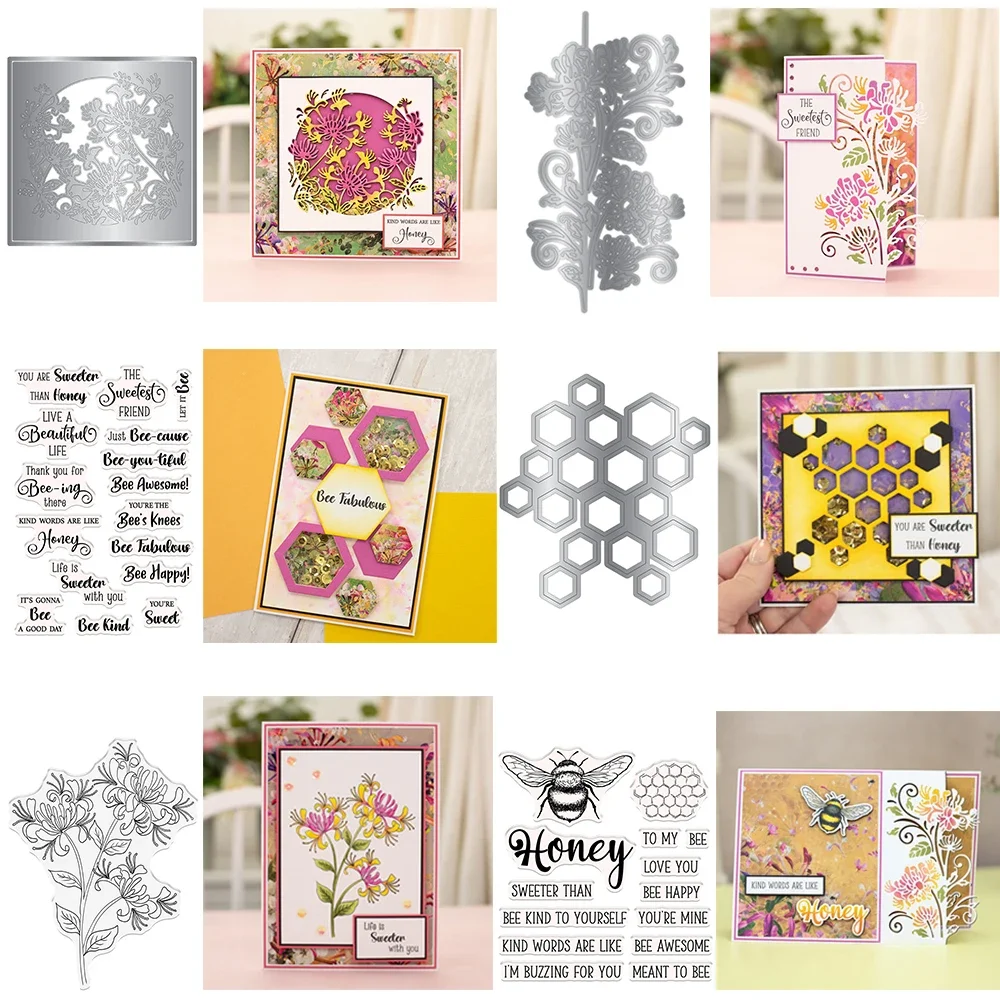 Geißblatt Waben Stanzformen und Stempel Biene glückliche Worte Blume gestanzte Stempel Set für DIY Scrapbooking Karte Handwerk machen Neu