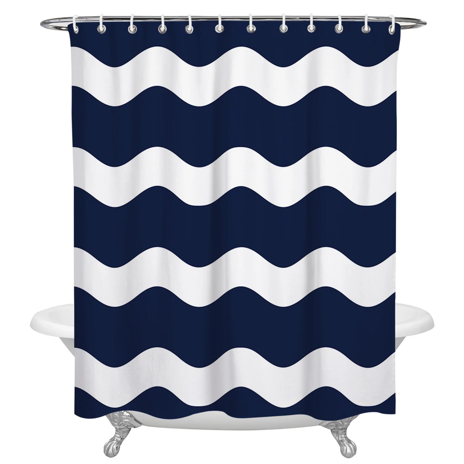 Navy Blue Ripple Waves Waterproof Bathroom Decoration Shower Curtain With Hook Printed Bathtub Curtains Bathroom Accessories