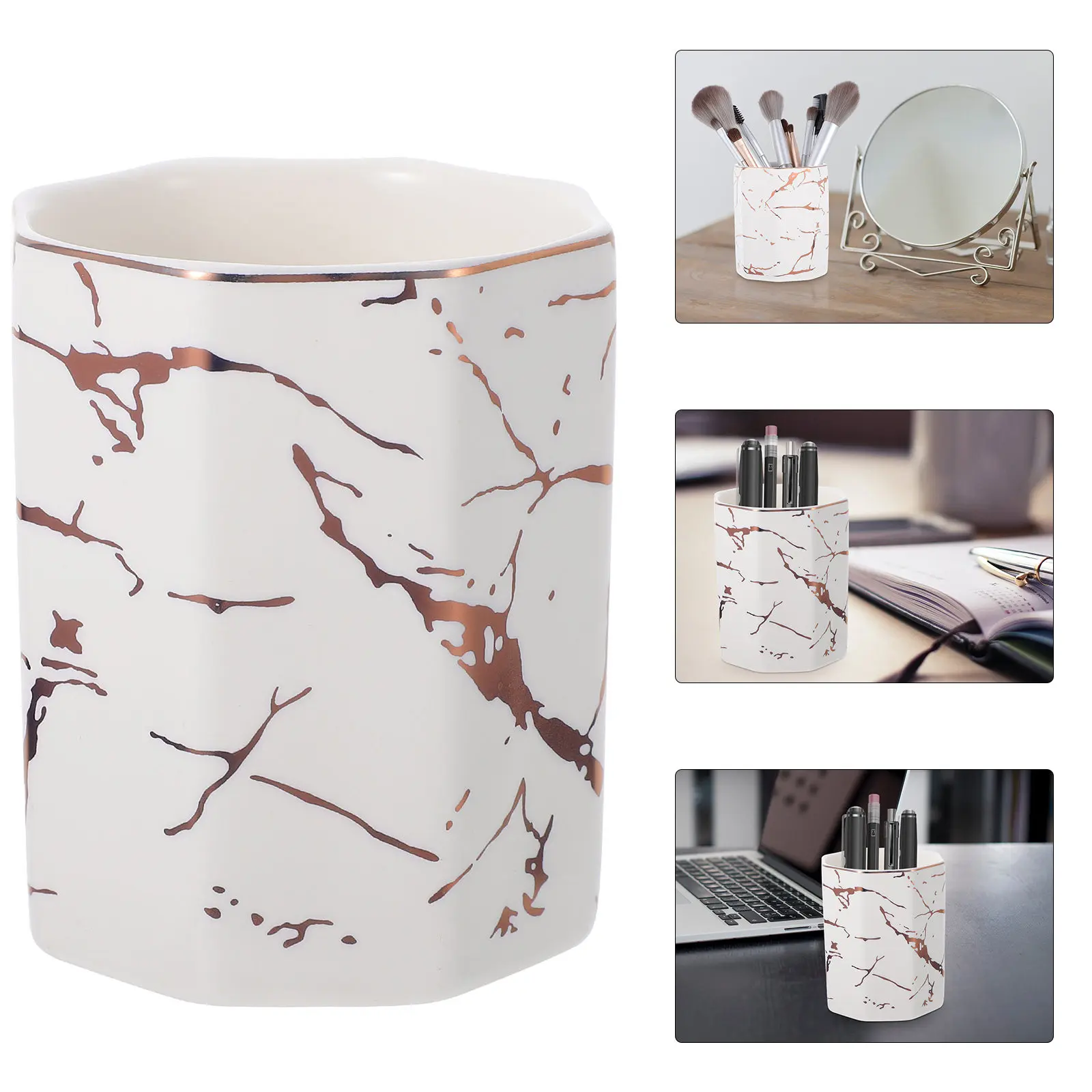 

1 шт. Керамический органайзер для ручек с мраморным узором, восьмиугольный держатель для кистей, контейнер для карандашей, для офиса и хранения косметики