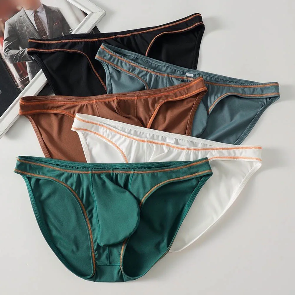 Men's Ice Silk Briefs Underwear Bulge Pouch Low-waist Solid Sports Underpants Low-waisted Briefs Underwear