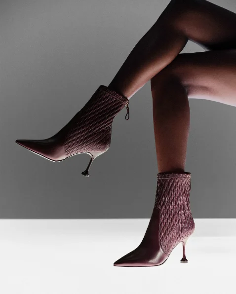 New Autumn/Winter Women Reddish Brown Checkered Patchwork Ankle Boots Stiletto Pointed Toe Back Zipper Elegant Daily Short Boots
