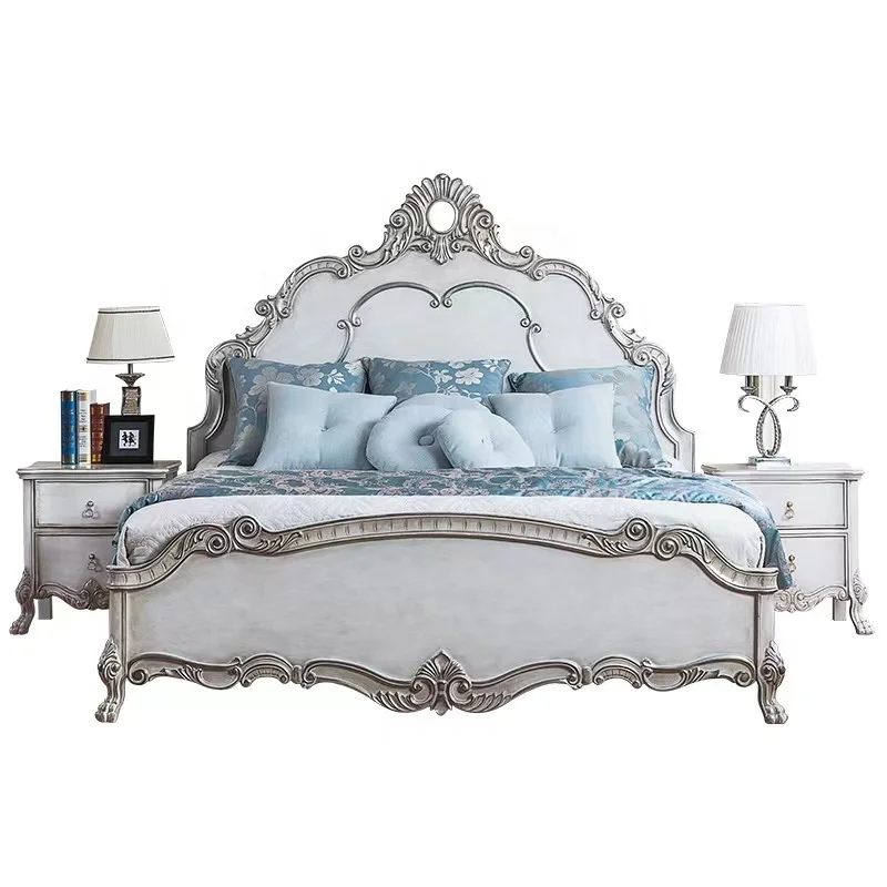 

* High Quality Bedroom Furniture French Rococo Solid Wood Vintage White king Bed Handmade Carved Bed