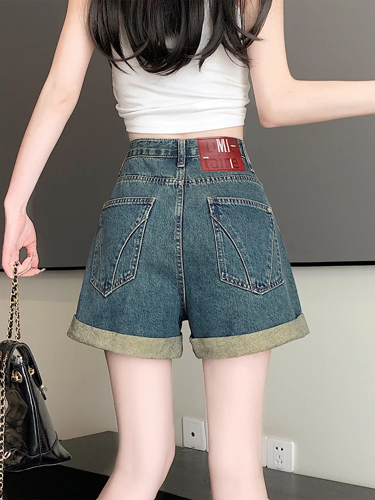 

High Waist A-Line Short Shorts Women's Summer Thin Roll-Up Jeans High Waist Wide Leg Denim Shorts Slimming Loose Hot Pants
