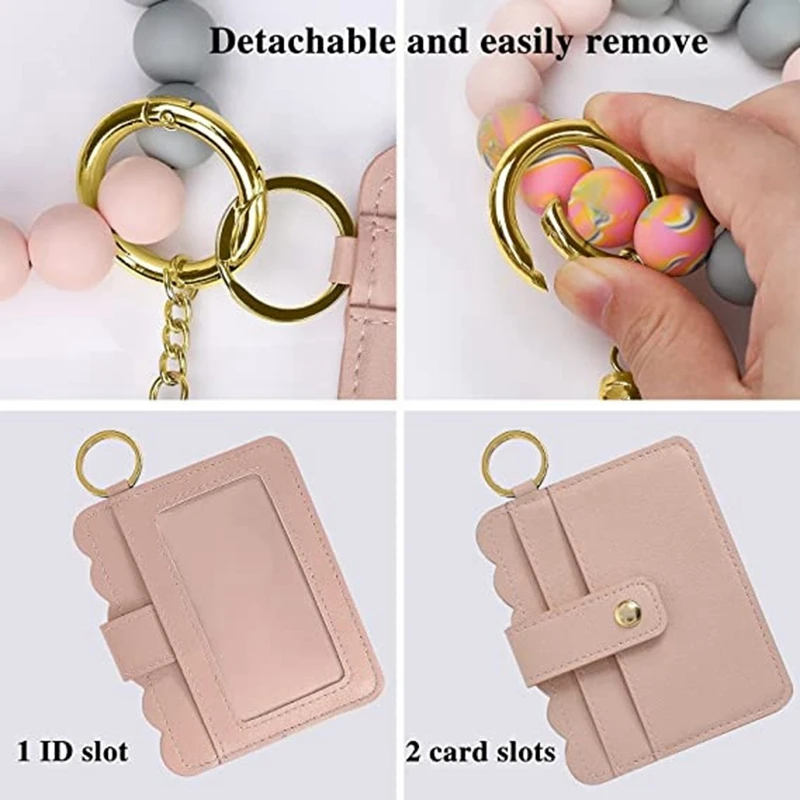 Wristlet Keychain Bracelet Credit Card Holder Wallet Key Ring Silicone Tassel Keychain Beaded Bangle for Women - B