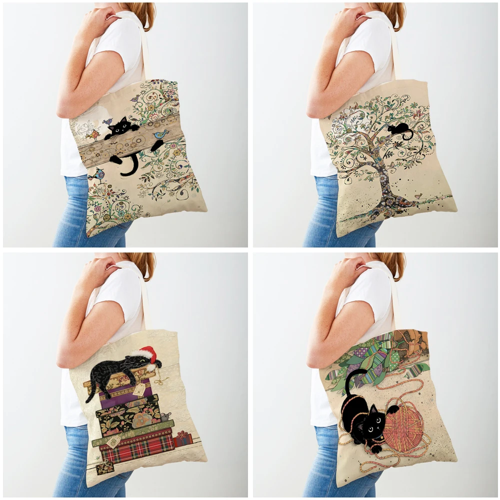 Both Sided Cute Elegant Black Cat Women Shopper Bags Tote Handbag Pet Animal Print Canvas Cloth Lady Shopping Shoulder Bag