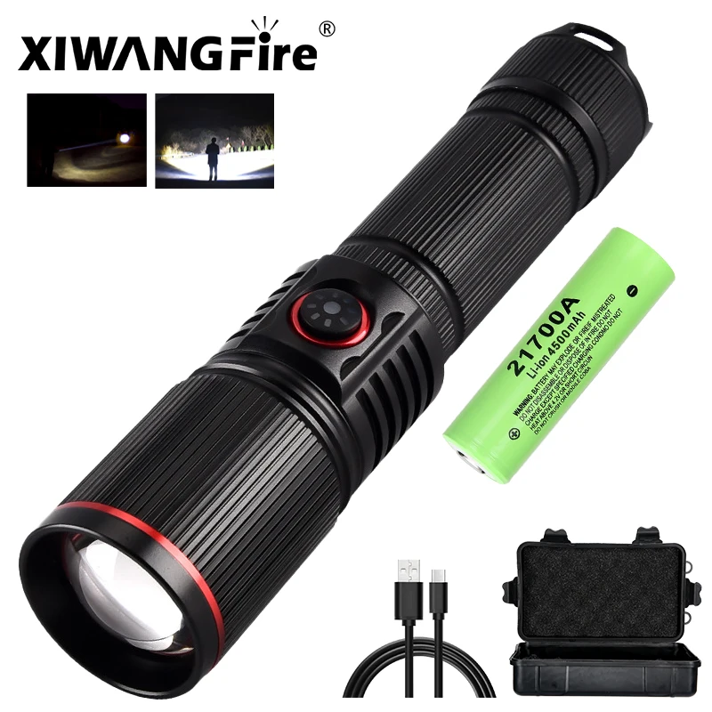 F313 Powerful LEP Flashlight 18650 or 21700 Battery Zoom Torch Strong Light Long Range Flashlight with Tail Rope Power Indicator