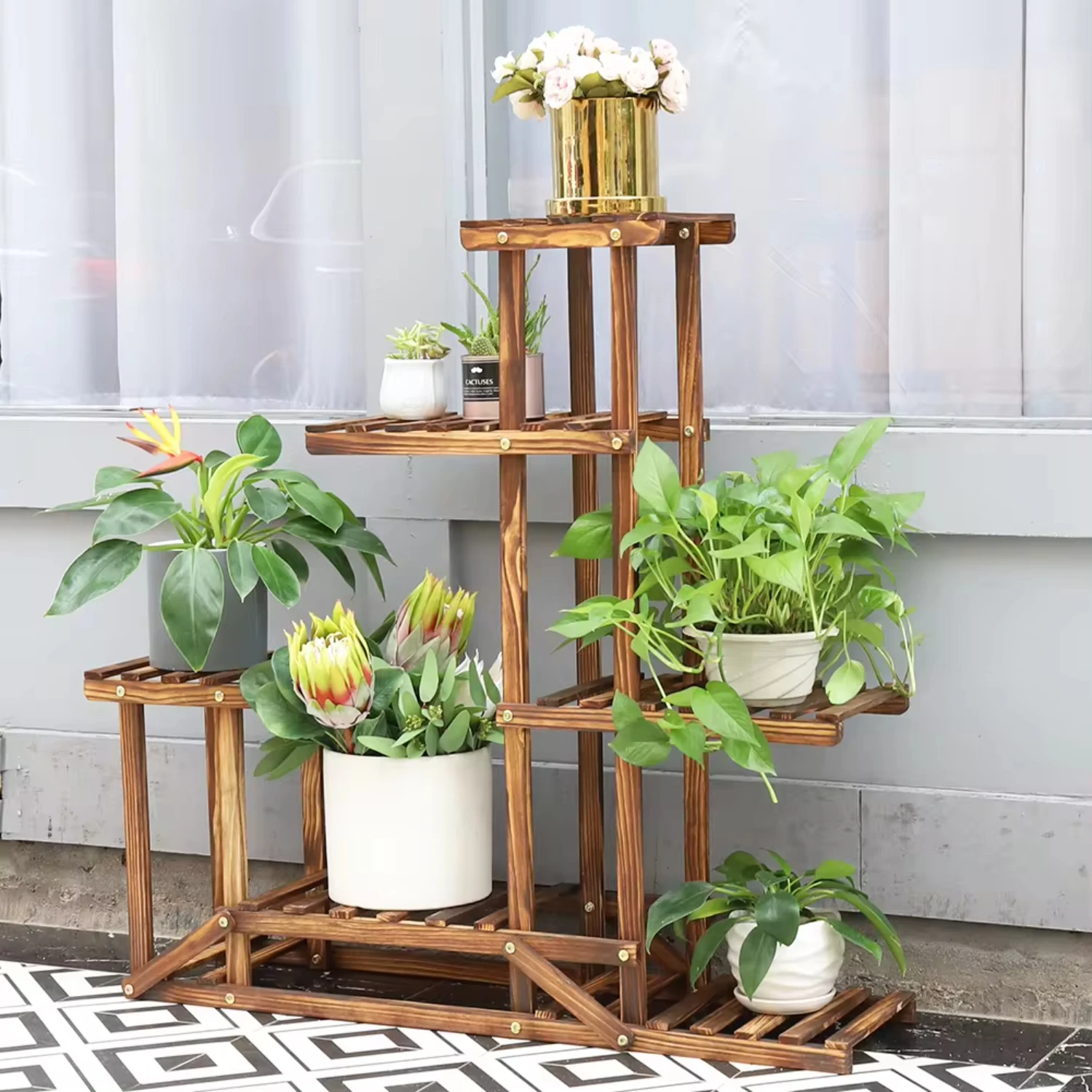 6 Tiered Wood Plant Flower Stand Shelf Planter Pots Shelves Rack Holder Display  Multiple Plants Indoor Outdoor Garden Patio