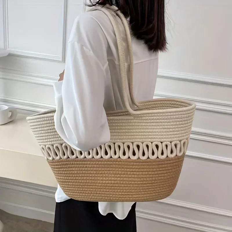 Knitting Kits Fabric Khaki Beach Bag Large Capacity Handmade Straw Summer Holiday Leisure Bag Women Bags Shopping Bags Сумка