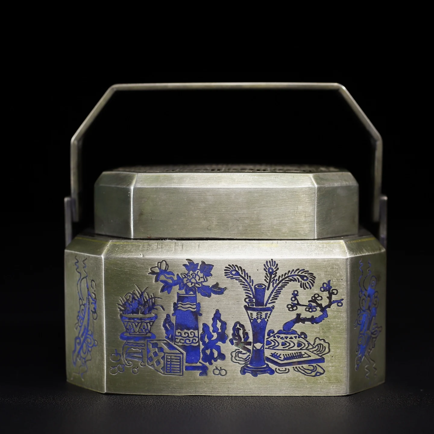 Collectible White Copper Burnt-Blue Handle Charcoal Hand Warmer Incense Burner