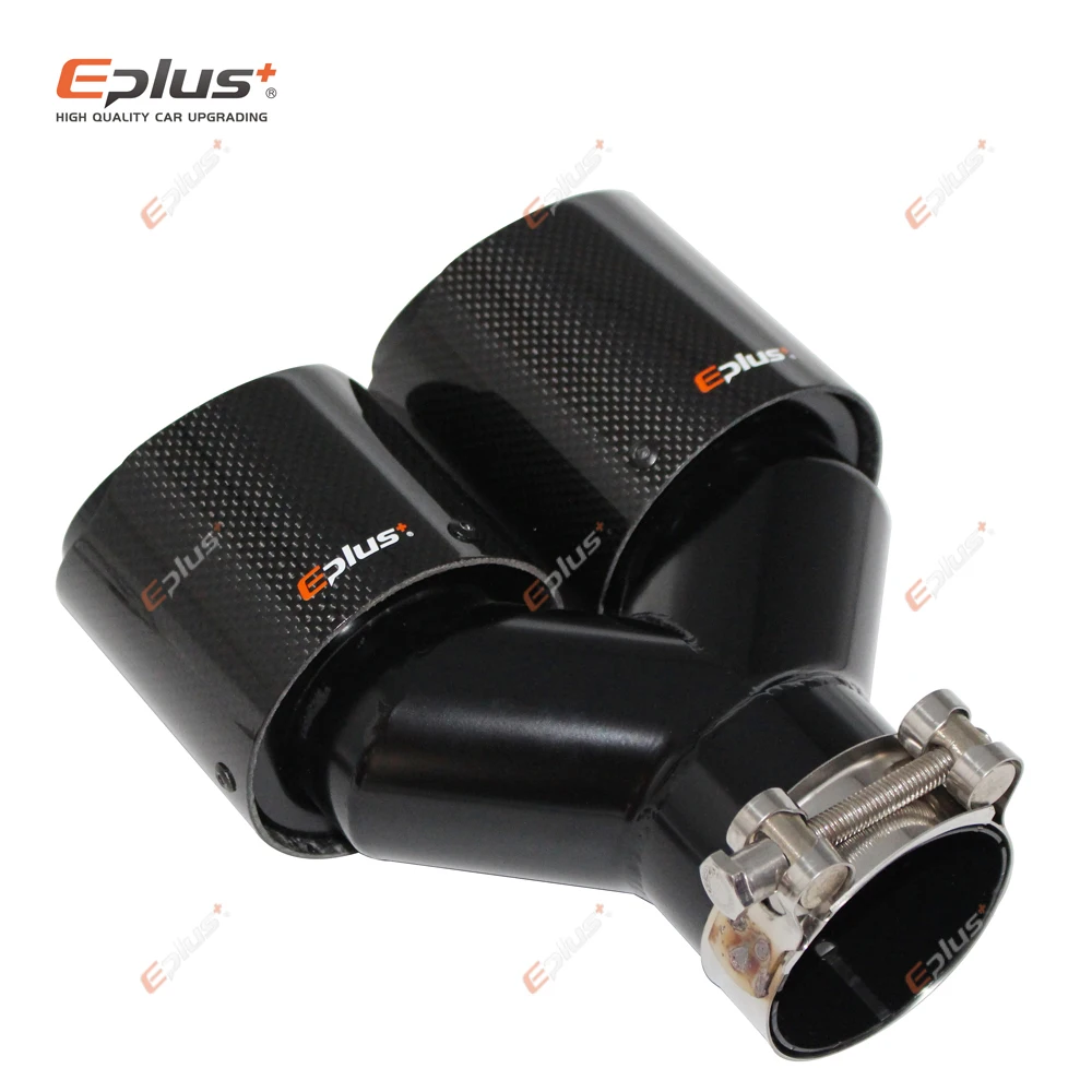 EPLUS Car Carbon Fiber Glossy Muffler Tip Y Shape Double Exit Exhaust Pipe Mufflers Nozzle Decoration Universal Stainless Black