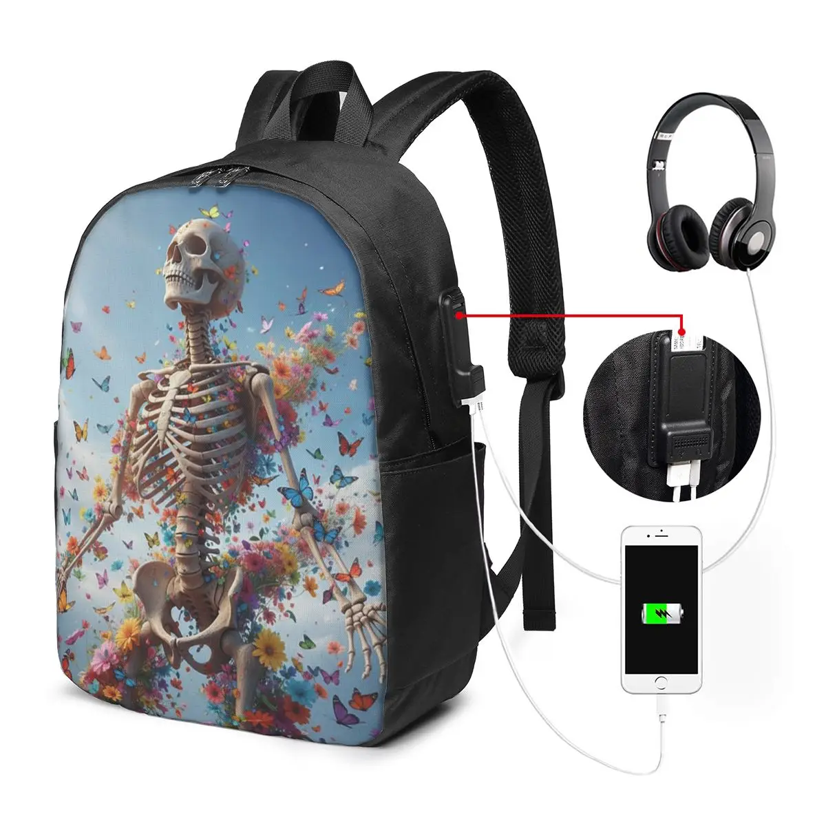 Butterfly And Skeleton With Flower Backpack Travel Notebook Bag Computer College Student School Bag Laptop Shoulder Bags