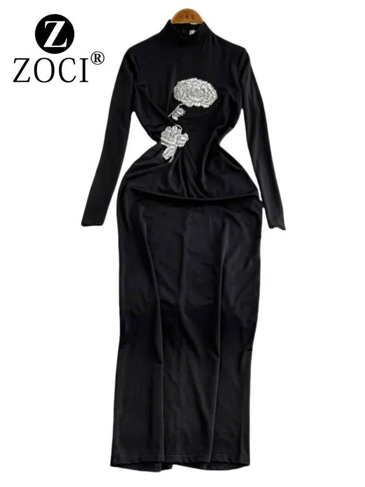 [ZOCI] High Elegant Dress, Socialite Style, Heavy Industry  Mesh, Long Sleeved Splicing, Waist Pleated Ruffle